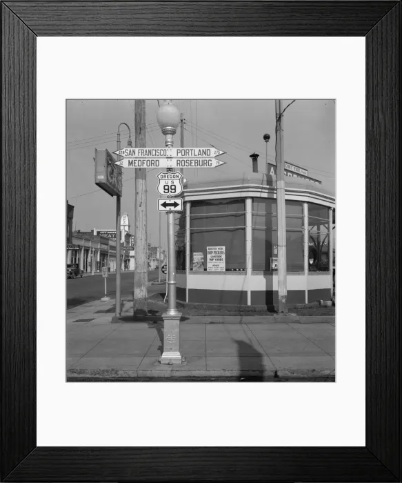 Framed Print : Sign of service station, U. S. 99, Josephine County, Oregon, 1939. Creator: Dorothea Lange Framed Print : Sign of service station, U. S. 99, Josephine County, Oregon, 1939. Creator: Dorothea Lange
