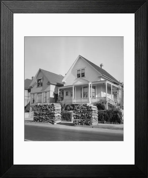 Framed Print : Woodpiles along the street are a characteristic of Portland, Oregon, 1939. Creator: Dorothea Lange Framed Print : Woodpiles along the street are a characteristic of Portland, Oregon, 1939. Creator: Dorothea Lange