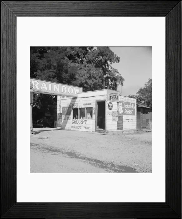 Framed Print : Crossroads grocery store and filling station, Yakima, Washington, Sumac Park, 1939. Creator: Dorothea Lange Framed Print : Crossroads grocery store and filling station, Yakima, Washington, Sumac Park, 1939. Creator: Dorothea Lange