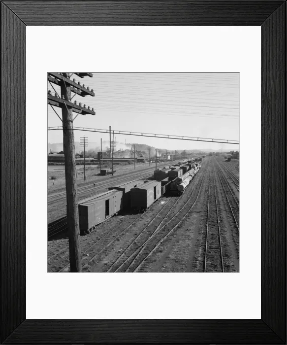 Framed Print : Railroad yard, looking down from highway bridge, Centralia, Lewis County, Washington, 1939. Creator: Dorothea Lange Framed Print : Railroad yard, looking down from highway bridge, Centralia, Lewis County, Washington, 1939. Creator: Dorothea Lange