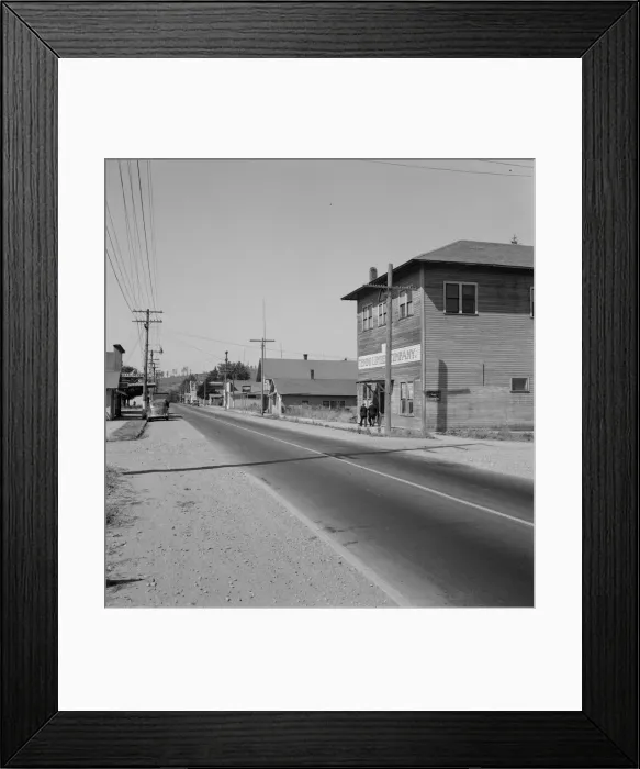 Framed Print : Entering main street from the north, Tenino, Thurston County, Western Washington, 1939. Creator: Dorothea Lange Framed Print : Entering main street from the north, Tenino, Thurston County, Western Washington, 1939. Creator: Dorothea Lange