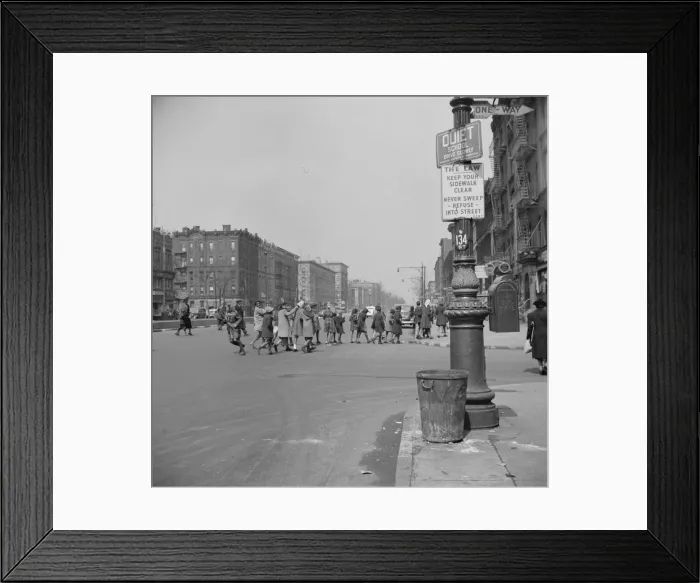Framed Print : Many accidents are attributed to unpatrolled intersections in Harlem, New York, 1943. Creator: Gordon Parks Framed Print : Many accidents are attributed to unpatrolled intersections in Harlem, New York, 1943. Creator: Gordon Parks