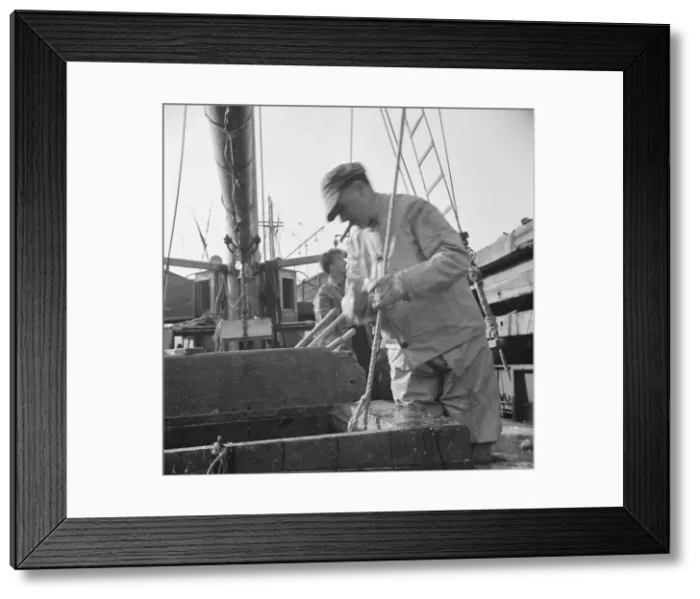 Framed Print : Dock stevedores at the Fulton fish market sending up baskets of fish... New York, 1943. Creator: Gordon Parks Framed Print : Dock stevedores at the Fulton fish market sending up baskets of fish... New York, 1943. Creator: Gordon Parks