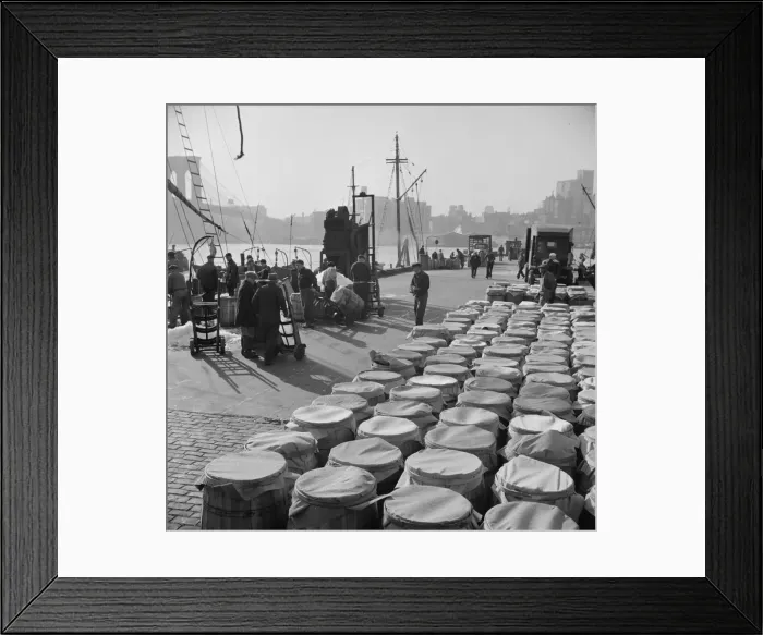 Framed Print : Barrels of fish caught off the New England coast waiting to be shipped to... New York, 1943. Creator: Gordon Parks Framed Print : Barrels of fish caught off the New England coast waiting to be shipped to... New York, 1943. Creator: Gordon Parks