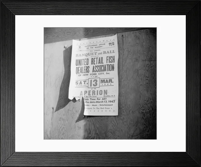 Framed Print : A sign at the Fulton fish market advertising a fish dealers banquet and hall, New York, 1943. Creator: Gordon Parks Framed Print : A sign at the Fulton fish market advertising a fish dealers banquet and hall, New York, 1943. Creator: Gordon Parks