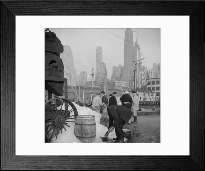 Framed Print : Icing barrels of fish at the Fulton fish market, New York, 1943. Creator: Gordon Parks Framed Print : Icing barrels of fish at the Fulton fish market, New York, 1943. Creator: Gordon Parks
