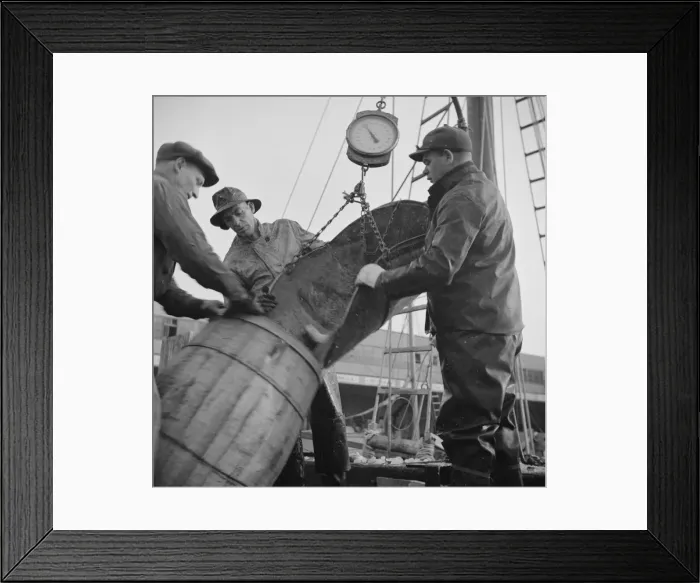 Framed Print : New England fishermen unloading fish at the Fulton fish market, New York, 1943. Creator: Gordon Parks Framed Print : New England fishermen unloading fish at the Fulton fish market, New York, 1943. Creator: Gordon Parks