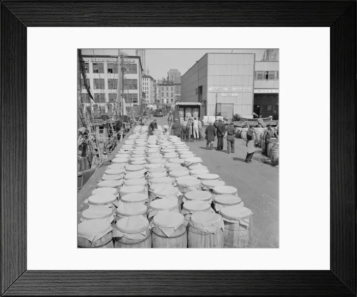 Framed Print : Barrels of fish on the docks at Fulton fish market ready to be shipped to retailers, New York, 1943. Creator: Gordon Parks Framed Print : Barrels of fish on the docks at Fulton fish market ready to be shipped to retailers, New York, 1943. Creator: Gordon Parks
