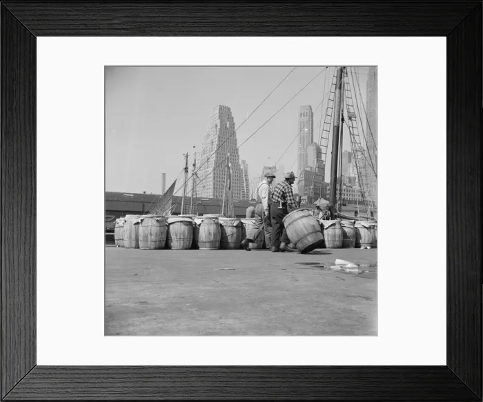 Framed Print : Barrels of fish on the docks at Fulton fish market ready to be shipped to retailers, New York, 1943. Creator: Gordon Parks Framed Print : Barrels of fish on the docks at Fulton fish market ready to be shipped to retailers, New York, 1943. Creator: Gordon Parks