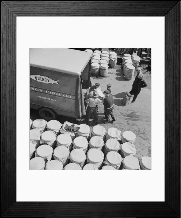Framed Print : Barrels of fish on the docks at Fulton fish market ready to be shipped to retailers, New York, 1943. Creator: Gordon Parks Framed Print : Barrels of fish on the docks at Fulton fish market ready to be shipped to retailers, New York, 1943. Creator: Gordon Parks