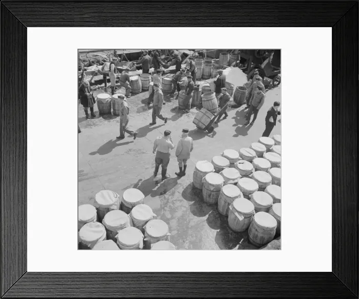 Framed Print : Barrels of fish on the docks at Fulton fish market ready to be shipped to retailers, New York, 1943. Creator: Gordon Parks Framed Print : Barrels of fish on the docks at Fulton fish market ready to be shipped to retailers, New York, 1943. Creator: Gordon Parks