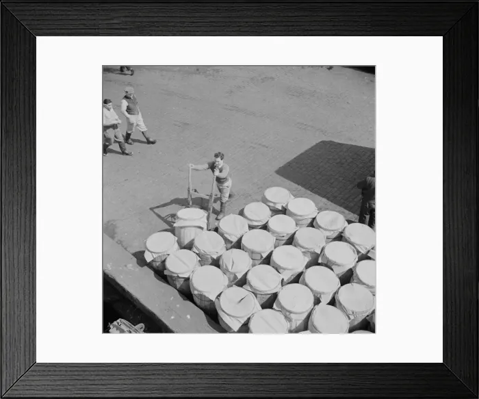 Framed Print : Barrels of fish on the docks at Fulton fish market ready to be shipped to retailers, New York, 1943. Creator: Gordon Parks Framed Print : Barrels of fish on the docks at Fulton fish market ready to be shipped to retailers, New York, 1943. Creator: Gordon Parks