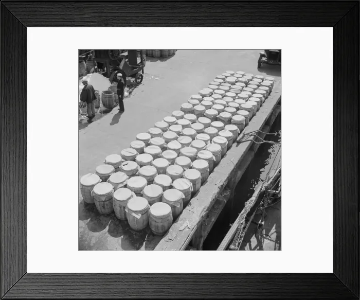 Framed Print : Barrels of fish on the docks at Fulton fish market ready to be shipped to retailers, New York, 1943. Creator: Gordon Parks Framed Print : Barrels of fish on the docks at Fulton fish market ready to be shipped to retailers, New York, 1943. Creator: Gordon Parks