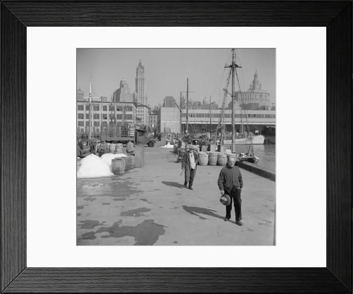 Framed Print : Possibly: Barrels of fish on the docks at Fulton fish market ready to be shipped... New York, 1943. Creator: Gordon Parks Framed Print : Possibly: Barrels of fish on the docks at Fulton fish market ready to be shipped... New York, 1943. Creator: Gordon Parks