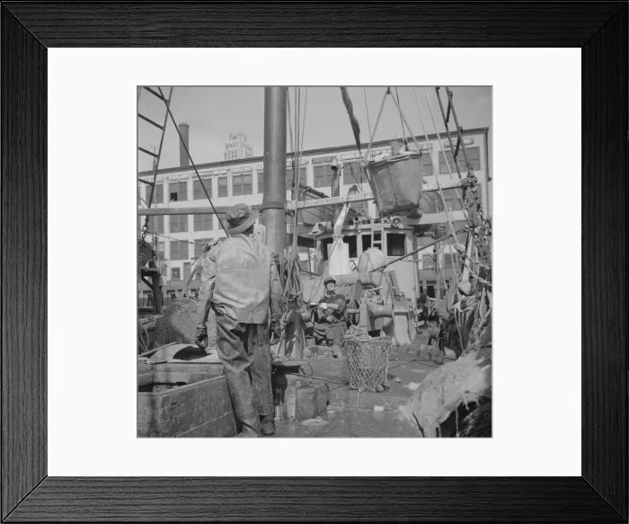 Framed Print : A hoister unloading fish at the Fulton fish market, New York, 1943. Creator: Gordon Parks Framed Print : A hoister unloading fish at the Fulton fish market, New York, 1943. Creator: Gordon Parks