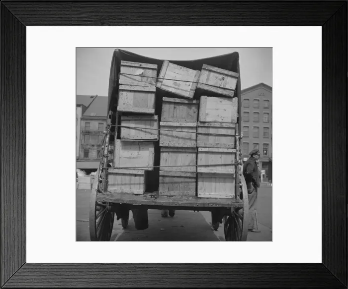 Framed Print : Shipping fish by horse-drawn vehicle from Fulton fish market, New York, 1943. Creator: Gordon Parks Framed Print : Shipping fish by horse-drawn vehicle from Fulton fish market, New York, 1943. Creator: Gordon Parks