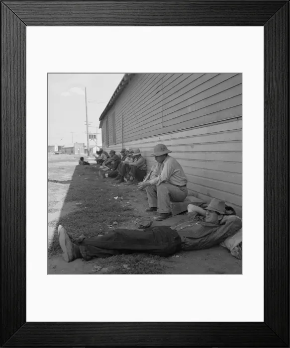 Framed Print : Idle men seated in shade on the other side of... Tulelake, Siskiyou County, California, 1939. Creator: Dorothea Lange Framed Print : Idle men seated in shade on the other side of... Tulelake, Siskiyou County, California, 1939. Creator: Dorothea Lange