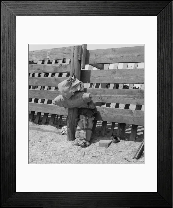 Framed Print : Bundles against cattle corrals by the railroad... Washington, Yakima Valley, near Toppenish, 1939. Creator: Dorothea Lange Framed Print : Bundles against cattle corrals by the railroad... Washington, Yakima Valley, near Toppenish, 1939. Creator: Dorothea Lange