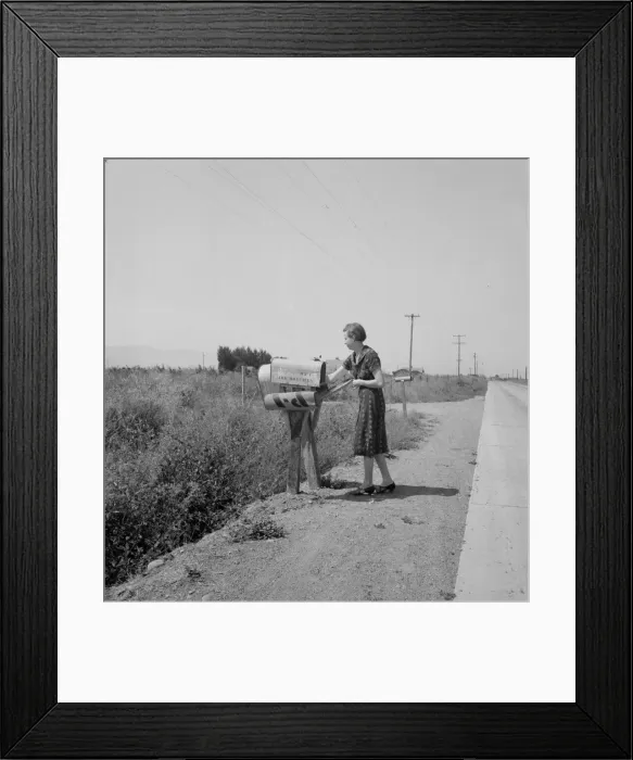 Framed Print : Mrs. Bouchey gets the morning mail, Washington, Yakima Valley, near Toppenish, 1939. Creator: Dorothea Lange Framed Print : Mrs. Bouchey gets the morning mail, Washington, Yakima Valley, near Toppenish, 1939. Creator: Dorothea Lange