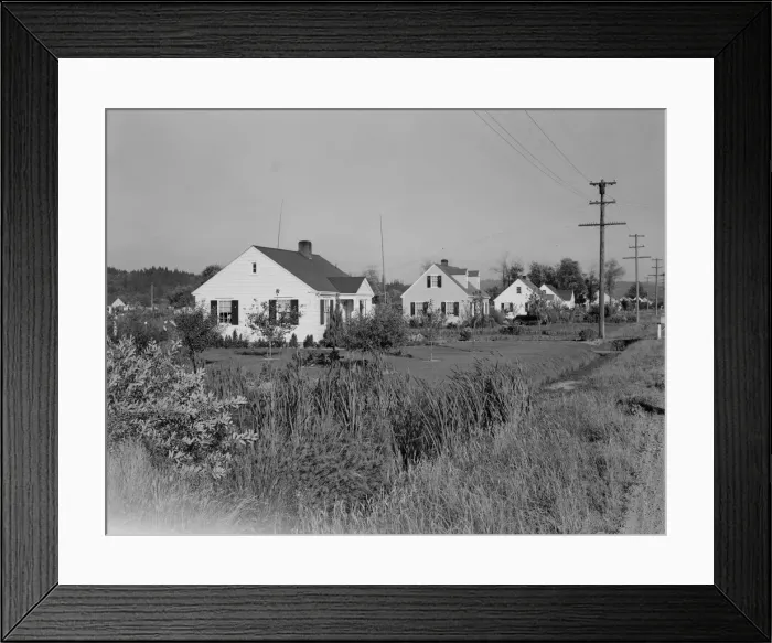 Framed Print : Possibly: Down one street on Longview homestead project, Longview, Cowlitz County, Washington, 1939. Creator: Dorothea Lange Framed Print : Possibly: Down one street on Longview homestead project, Longview, Cowlitz County, Washington, 1939. Creator: Dorothea Lange