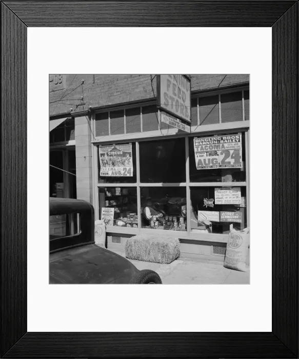 Framed Print : Feed store opposite bank, Tenino, Thurston County, Western Washington, 1939. Creator: Dorothea Lange