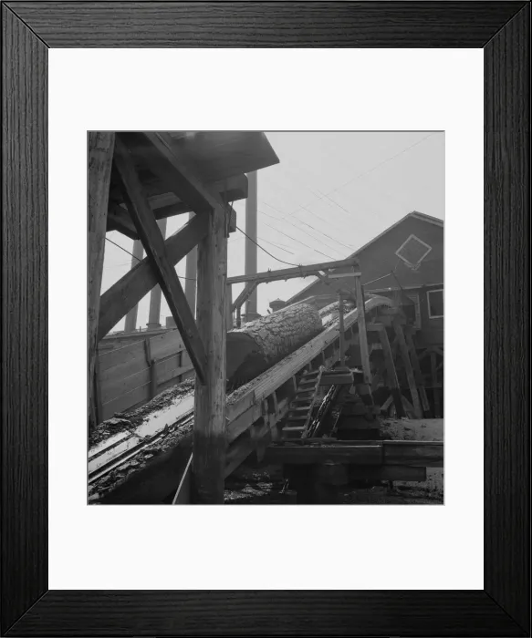 Framed Print : Log chute at Pelican Bay Lumber Company mill, Near Klamath Falls, Oregon, 1939. Creator: Dorothea Lange Framed Print : Log chute at Pelican Bay Lumber Company mill, Near Klamath Falls, Oregon, 1939. Creator: Dorothea Lange
