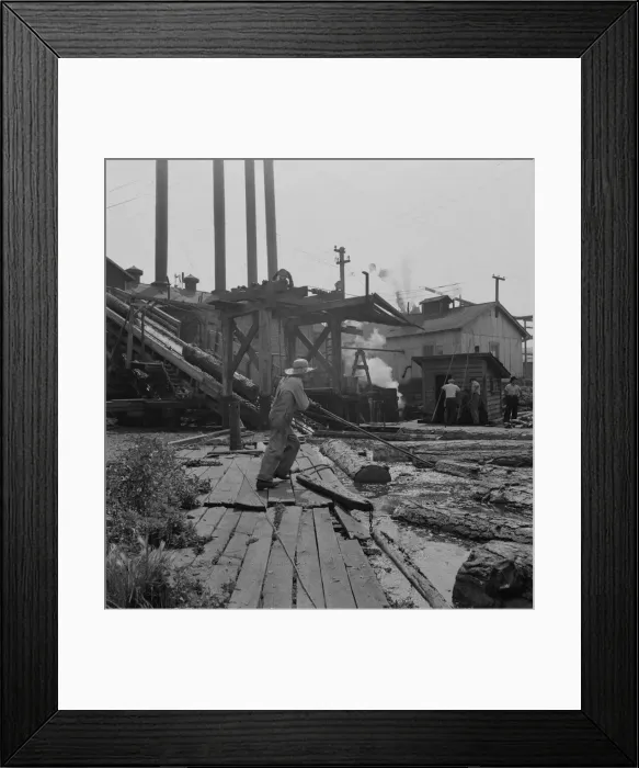 Framed Print : Pond monkey guides... Pelican Bay Lumber Company mill, Klamath Falls, Oregon, 1939. Creator: Dorothea Lange Framed Print : Pond monkey guides... Pelican Bay Lumber Company mill, Klamath Falls, Oregon, 1939. Creator: Dorothea Lange