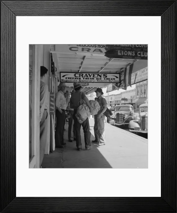 Framed Print : Main street, in front of Oregon Employment Center office, Independence, Polk County, Oregon, 1939. Creator: Dorothea Lange Framed Print : Main street, in front of Oregon Employment Center office, Independence, Polk County, Oregon, 1939. Creator: Dorothea Lange