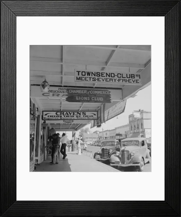 Framed Print : Main street... hop growing district of Williamette Valley, Independence, Polk County, Oregon, 1939. Creator: Dorothea Lange Framed Print : Main street... hop growing district of Williamette Valley, Independence, Polk County, Oregon, 1939. Creator: Dorothea Lange