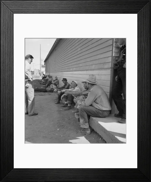 Framed Print : Possibly: Idle men seated in shade on the other side... Tulelake, Siskiyou County, California, 1939 Creator: Dorothea Lange Framed Print : Possibly: Idle men seated in shade on the other side... Tulelake, Siskiyou County, California, 1939 Creator: Dorothea Lange