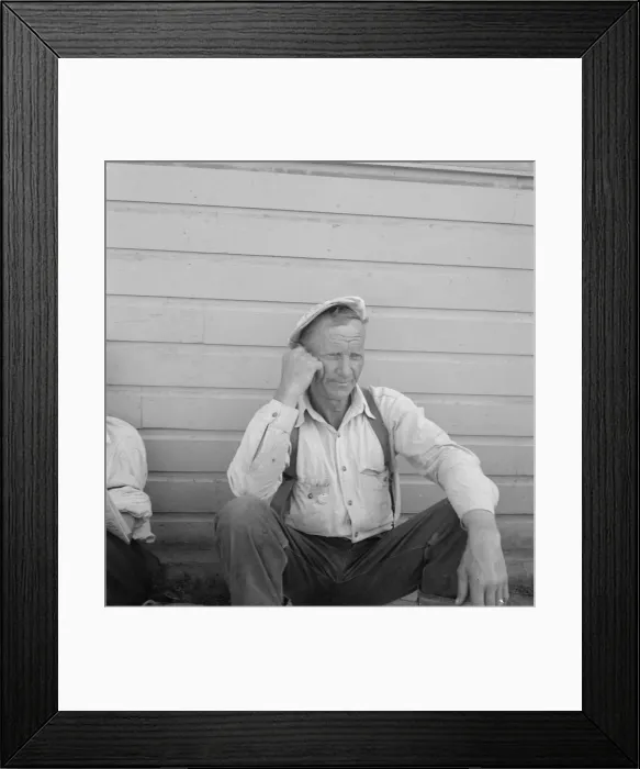 Framed Print : Bindle stiff, used to be logger, Side of Pastime Cafe, Tulelake, Siskiyou County, California, 1939. Creator: Dorothea Lange Framed Print : Bindle stiff, used to be logger, Side of Pastime Cafe, Tulelake, Siskiyou County, California, 1939. Creator: Dorothea Lange