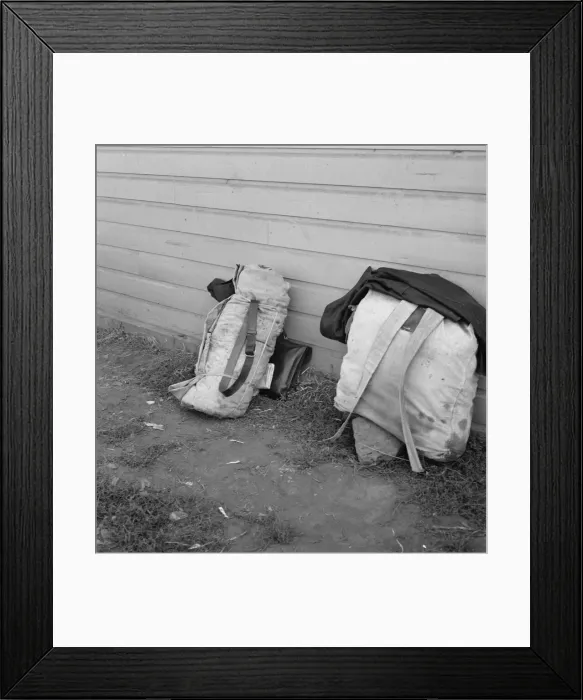 Framed Print : Bindles on shady side of Pastime Cafe, Tulelake, Siskiyou County, California, 1939. Creator: Dorothea Lange Framed Print : Bindles on shady side of Pastime Cafe, Tulelake, Siskiyou County, California, 1939. Creator: Dorothea Lange