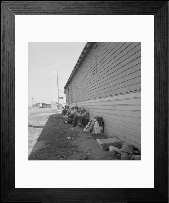 Framed Print : Possibly: Idle men seated in shade on the other side... Tulelake, Siskiyou County, California, 1939 Creator: Dorothea Lange Framed Print : Possibly: Idle men seated in shade on the other side... Tulelake, Siskiyou County, California, 1939 Creator: Dorothea Lange