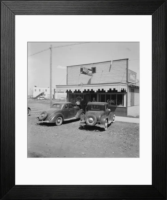 Framed Print : Pastime Cafe on main street of small potato town, Tulelake, Siskiyou County, California, 1939. Creator: Dorothea Lange Framed Print : Pastime Cafe on main street of small potato town, Tulelake, Siskiyou County, California, 1939. Creator: Dorothea Lange