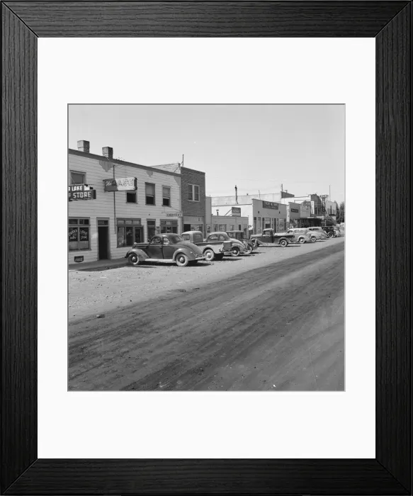 Framed Print : Looking down main street of a frontier town... Tulelake, Siskiyou County, California, 1939. Creator: Dorothea Lange Framed Print : Looking down main street of a frontier town... Tulelake, Siskiyou County, California, 1939. Creator: Dorothea Lange