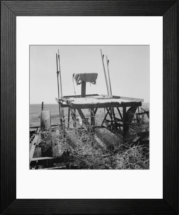 Framed Print : Possibly: Farm machinery left on abandoned dry land farm in Columbian Basin, Washington, 1939. Creator: Dorothea Lange Framed Print : Possibly: Farm machinery left on abandoned dry land farm in Columbian Basin, Washington, 1939. Creator: Dorothea Lange