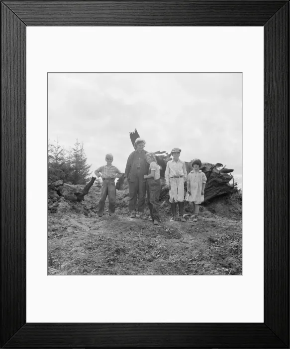 Framed Print : Mrs. Arnold and her children before the stump pile, Michigan Hill, Thurston County, Washington, 1939 Creator: Dorothea Lange Framed Print : Mrs. Arnold and her children before the stump pile, Michigan Hill, Thurston County, Washington, 1939 Creator: Dorothea Lange