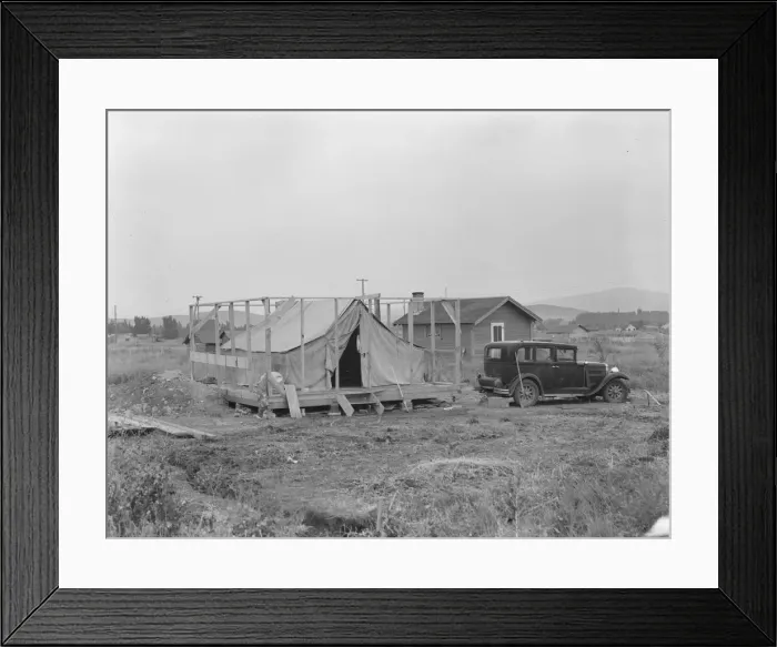 Framed Print : Family living in tent while building the house around them, near Klamath Falls, Oregon, 1939. Creator: Dorothea Lange Framed Print : Family living in tent while building the house around them, near Klamath Falls, Oregon, 1939. Creator: Dorothea Lange