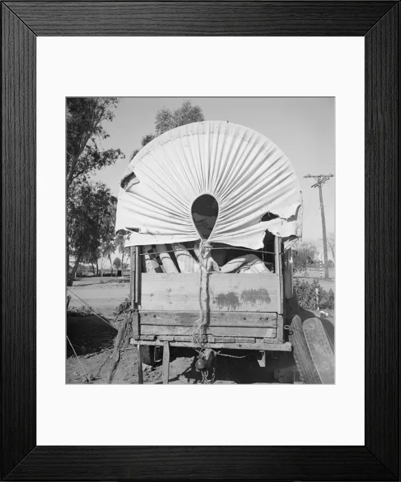 Framed Print : Covered wagon, migratory carrot pullers camp, near Holtville, Imperial Valley, 1939. Creator: Dorothea Lange Framed Print : Covered wagon, migratory carrot pullers camp, near Holtville, Imperial Valley, 1939. Creator: Dorothea Lange