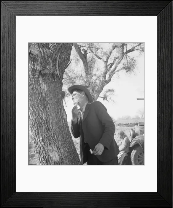 Framed Print : Migrant man shaving by roadside, on U. S. 99 between Bakersfield and the Ridge, 1939. Creator: Dorothea Lange Framed Print : Migrant man shaving by roadside, on U. S. 99 between Bakersfield and the Ridge, 1939. Creator: Dorothea Lange