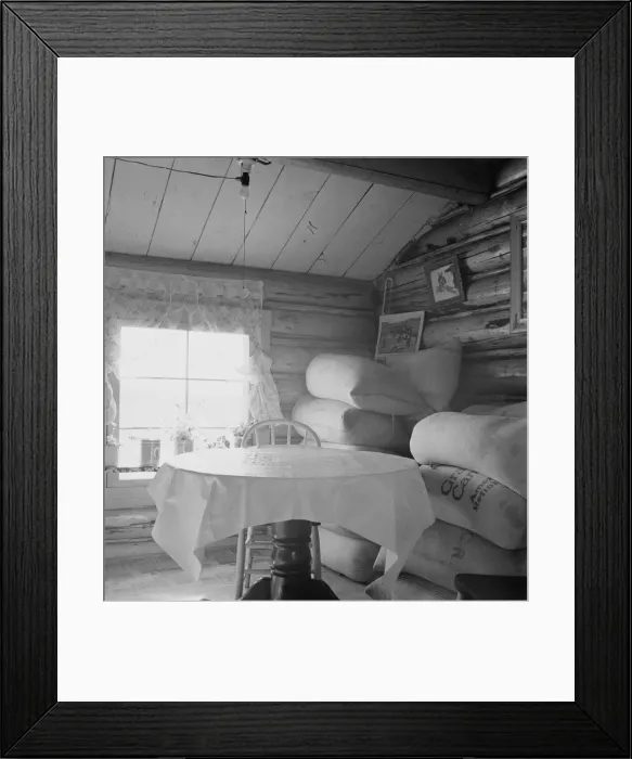Framed Print : Interior of farmers two-room log home, FSA borrower, Boundary County, Idaho, 1939. Creator: Dorothea Lange Framed Print : Interior of farmers two-room log home, FSA borrower, Boundary County, Idaho, 1939. Creator: Dorothea Lange