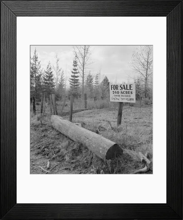 Framed Print : Sign on back road in cut-over area, Boundary County, Idaho, 1939. Creator: Dorothea Lange Framed Print : Sign on back road in cut-over area, Boundary County, Idaho, 1939. Creator: Dorothea Lange