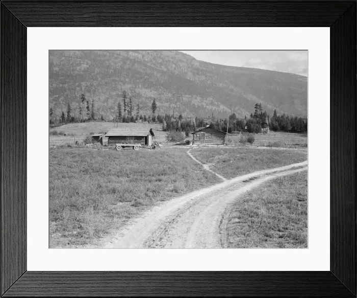 Framed Print : Log buildings and cleared land on FSA borrowers place, Boundary County, Idaho, 1939. Creator: Dorothea Lange Framed Print : Log buildings and cleared land on FSA borrowers place, Boundary County, Idaho, 1939. Creator: Dorothea Lange