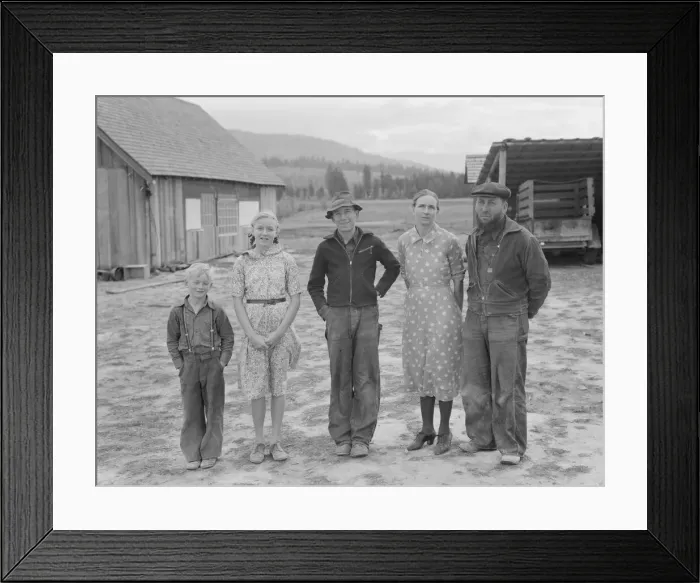 Framed Print : Stump farm family and their present home, Boundary County, Idaho, 1939. Creator: Dorothea Lange Framed Print : Stump farm family and their present home, Boundary County, Idaho, 1939. Creator: Dorothea Lange
