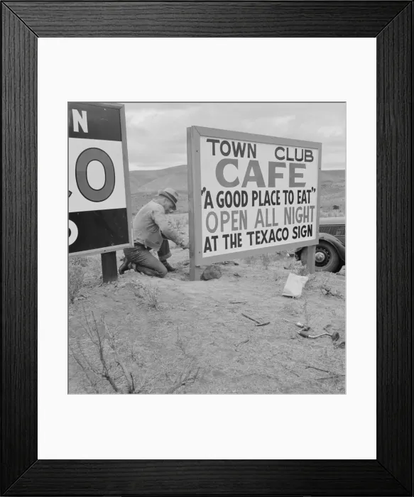 Framed Print : New sign along highway advertises a new enterprise in the lonely town of Maupin, Oregon, 1939. Creator: Dorothea Lange Framed Print : New sign along highway advertises a new enterprise in the lonely town of Maupin, Oregon, 1939. Creator: Dorothea Lange