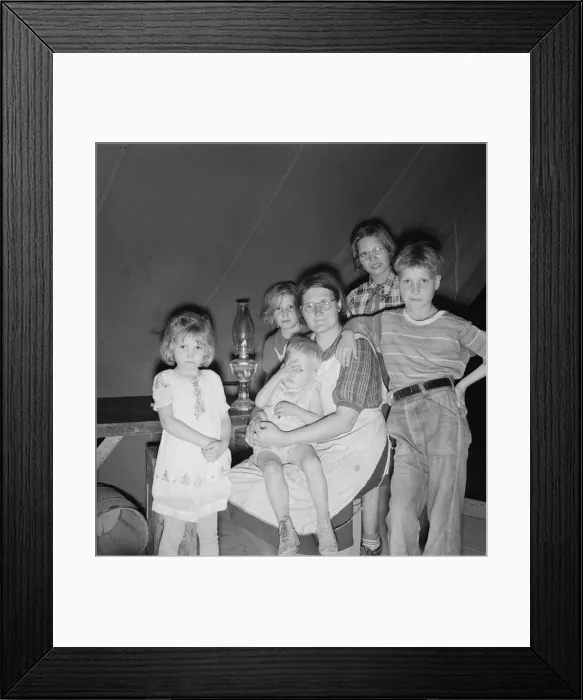 Framed Print : Family of six in tent after supper, FSA mobile unit, Merrill, Klamath County, Oregon, 1939 Creator: Dorothea Lange Framed Print : Family of six in tent after supper, FSA mobile unit, Merrill, Klamath County, Oregon, 1939 Creator: Dorothea Lange