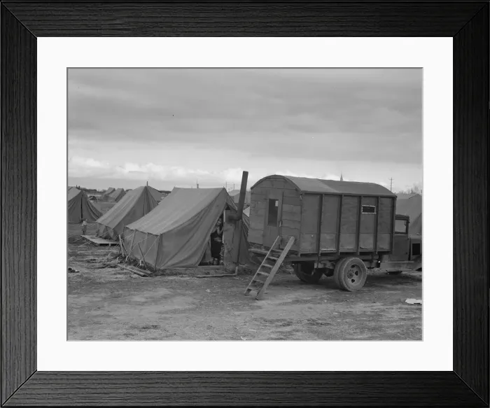 Framed Print : In mobile camp at end of season, cold day, FSA camp, Merrill, Klamath County, Oregon, 1939. Creator: Dorothea Lange Framed Print : In mobile camp at end of season, cold day, FSA camp, Merrill, Klamath County, Oregon, 1939. Creator: Dorothea Lange