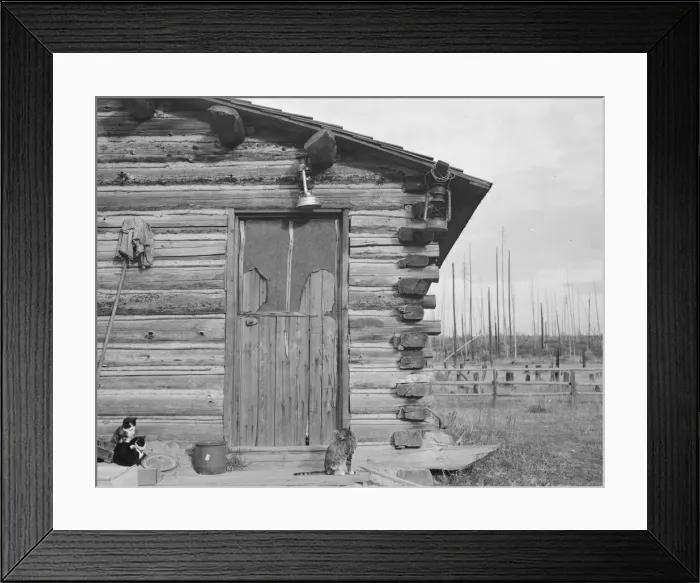 Framed Print : Log home - farm established six years ago, Priest River Peninsula, Bonner County, Idaho, 1939. Creator: Dorothea Lange Framed Print : Log home - farm established six years ago, Priest River Peninsula, Bonner County, Idaho, 1939. Creator: Dorothea Lange