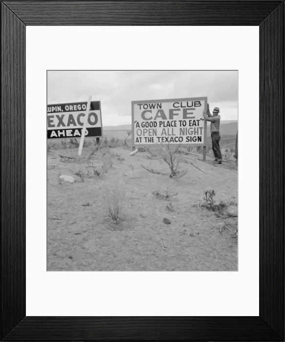 Framed Print : New sign along highway advertises a new enterprise in... Town of Maupin, Oregon, 1939. Creator: Dorothea Lange Framed Print : New sign along highway advertises a new enterprise in... Town of Maupin, Oregon, 1939. Creator: Dorothea Lange