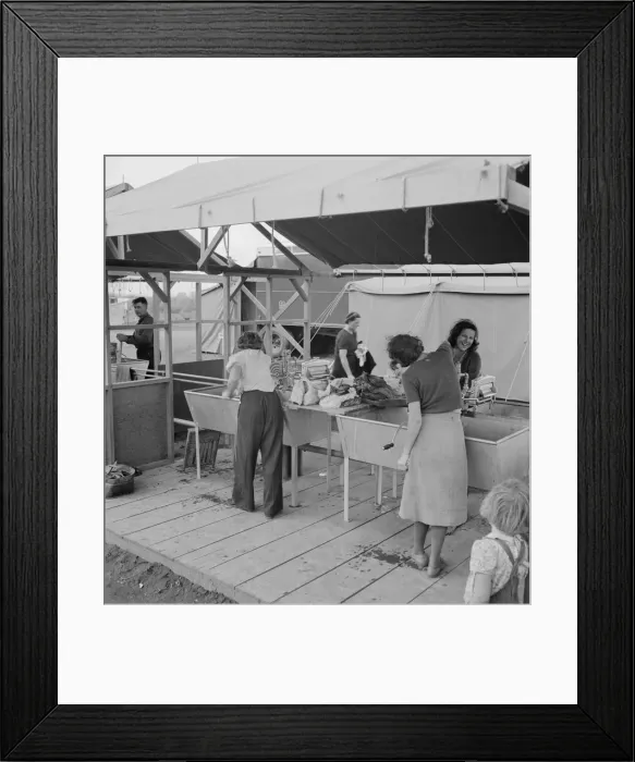 Framed Print : Portable laundry unit, shower unit beyond, FSA camp, Merrill, Oregon, 1939. Creator: Dorothea Lange